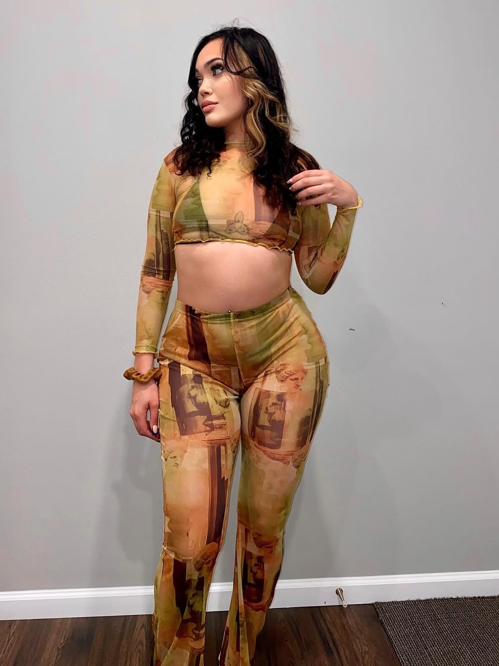 Fashion Nova Yellow Printed Boot Cut Flare & Long Sleeve Mesh Two piece Set - Picture 2 of 2